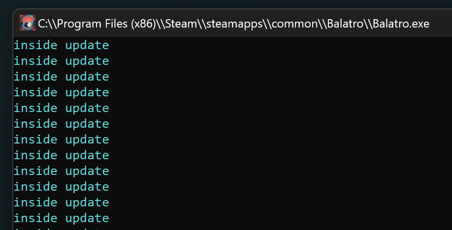 Console output saying "inside update"
